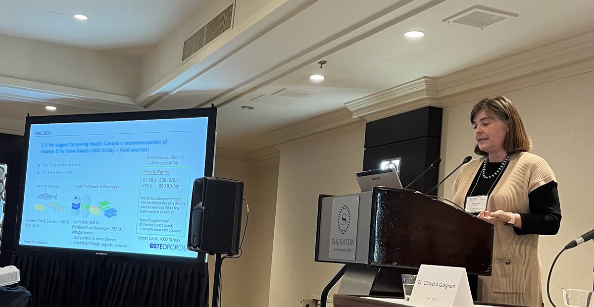 New @OsteoporosisCA guidelines recommend that you meet the recommended dietary allowance for vitamin D, but acknowledge that people over 50 may want to take a 400IU supplement, in accordance with Health Canada recommendation. Wendy Ward presenting at CMC.