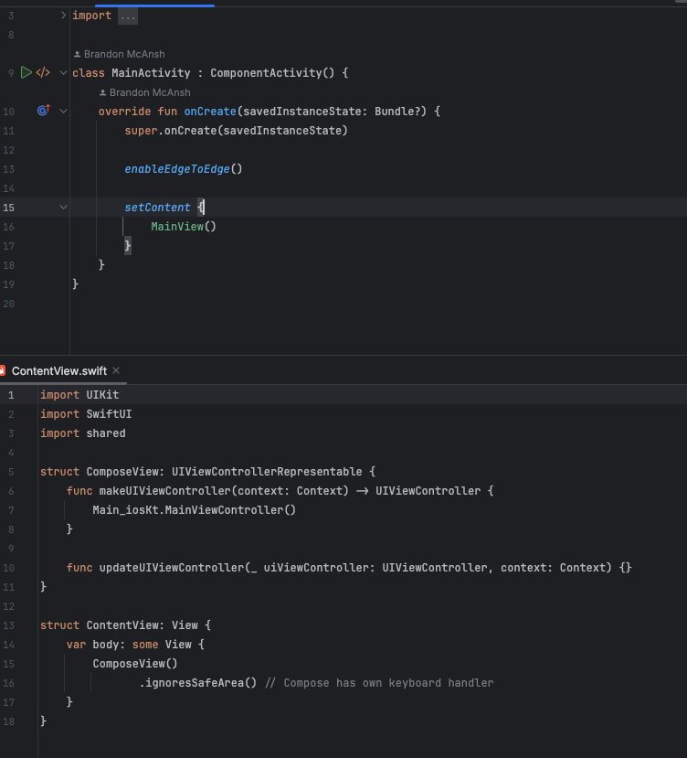 brandonmcansh's tweet image. It's still crazy to me that with Compose Multiplatform these are the android/iOS app contents. 

#jetpackcompose #multiplatform #iosdev #androiddev #buildinpublic #appdev #mobileappdevelopment