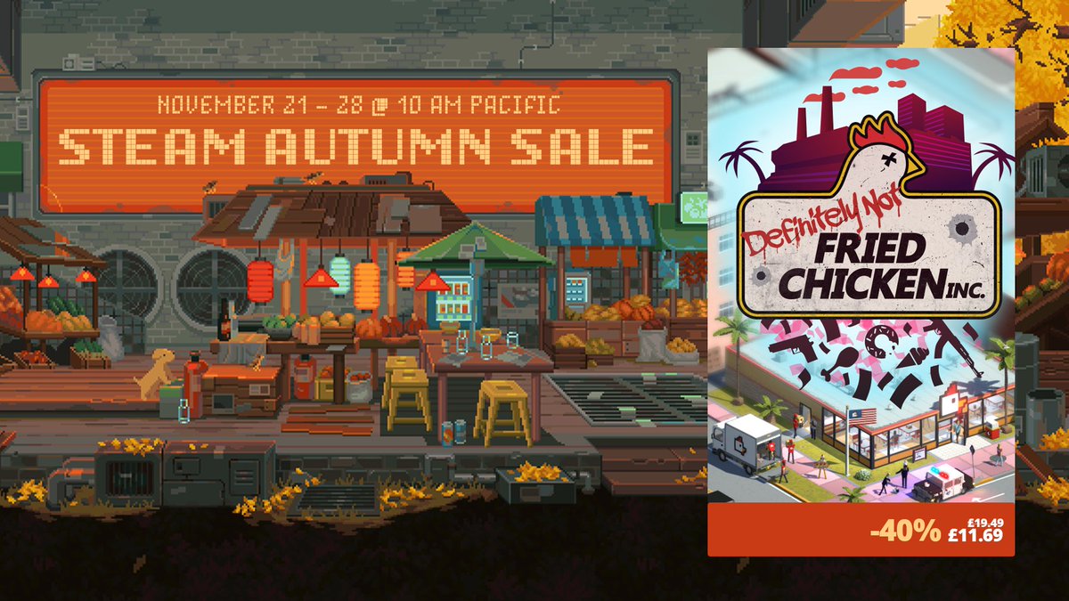 The first hit comes at a discount. 

With 40% off, now's the time to get addicted to the new patch in Definitely Not Fried Chicken

🟥store.steampowered.com/app/1036240/De…🟥