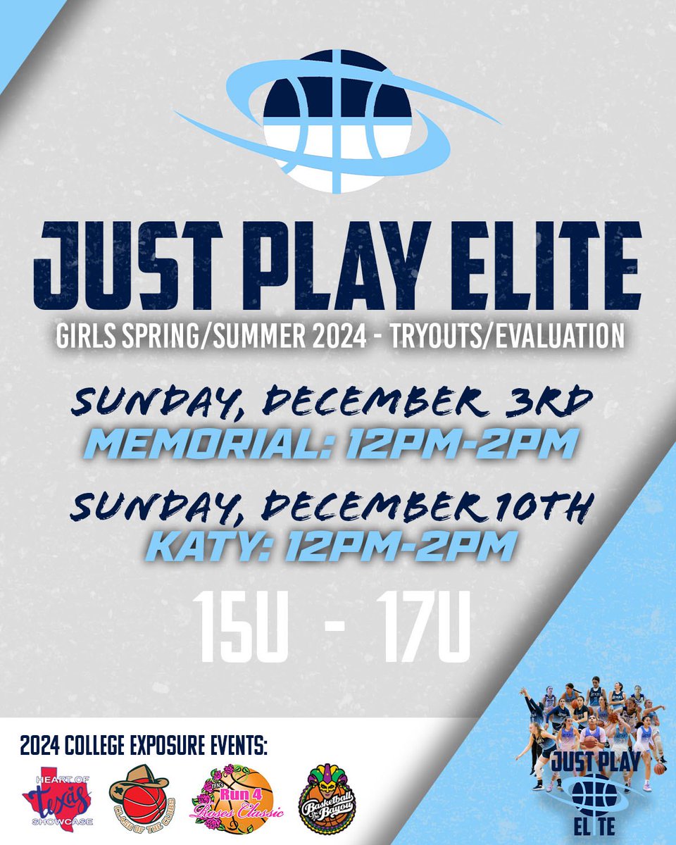 ⭐️Official 2024 Elite Girls Tryout Info⭐️

15U➖17U

*NON-CONTACT* for Varsity players

🔹Memorial Location🔹
🗓️Sunday, December 3rd
⏰12PM-2PM

🔹Katy Location🔹
🗓️Sunday, December 10th
⏰12PM-2PM

💻: justplaysports.net/programs/tourn…