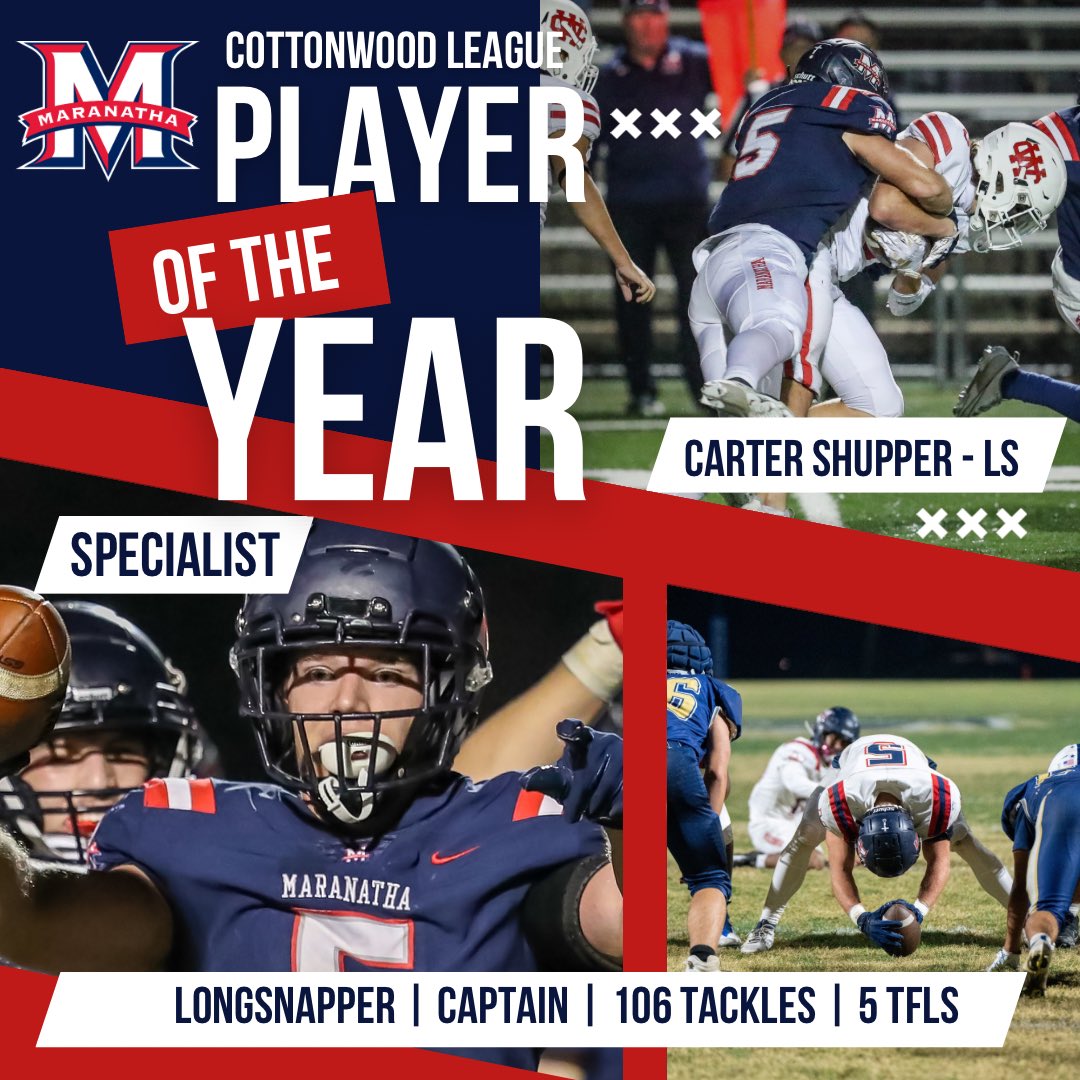 Congrats to Carter Shupper for being selected League Specialist Player of the Year. #maranathafootball🔵🔴⚪️📈