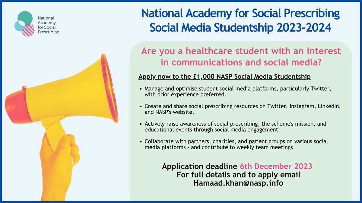 NHS Social Prescribing Student Champion Scheme (@sp_champscheme) on Twitter photo Exciting opportunity for #healthcare #students π¨βοΈ
Please help us spread the word π’ tag any students who may interested in joining our wonderful team π
<a href="/Howarth2L/">Prof Michelle Howarth</a> <a href="/NASPTweets/">The National Academy for Social Prescribing</a> <a href="/SocialPrescrib2/">Social Prescribing Network</a> <a href="/SianB23/">Sian Brand</a> <a href="/h_chatterjee/">Helen Chatterjee</a> Exciting opportunity for #healthcare #students π¨βοΈ
Please help us spread the word π’ tag any students who may interested in joining our wonderful team π
<a href="/Howarth2L/">Prof Michelle Howarth</a> <a href="/NASPTweets/">The National Academy for Social Prescribing</a> <a href="/SocialPrescrib2/">Social Prescribing Network</a> <a href="/SianB23/">Sian Brand</a> <a href="/h_chatterjee/">Helen Chatterjee</a>