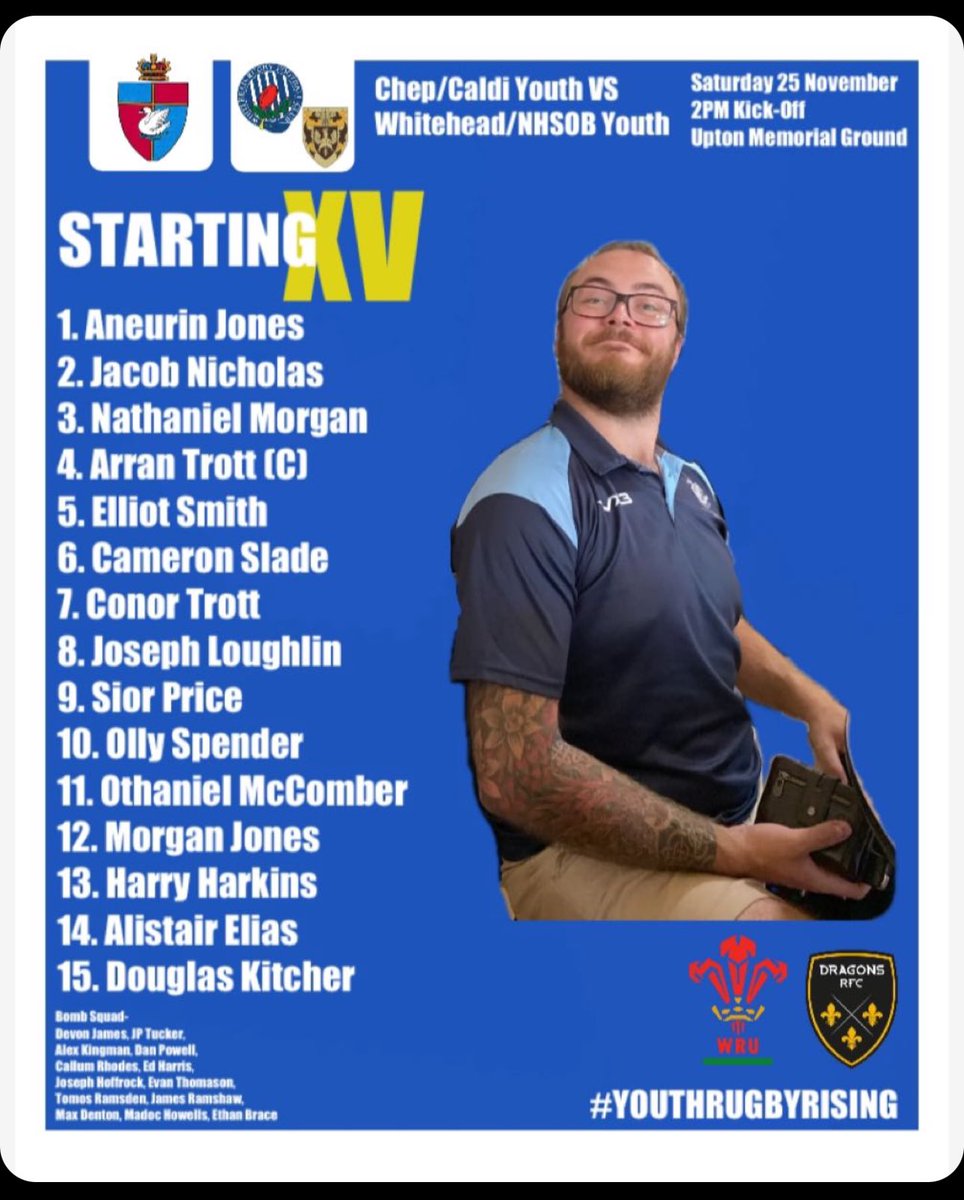 STARTING XV for Chepstow/Caldicot Youth vs whitehead/nhsob Youth 

SATURDAY 25th November 

2pm KO 

<a href="/CaldicotRFC/">Caldicot Rugby</a> <a href="/CHEPSTOWRFC/">CHEPSTOW RUGBY CLUB</a>
