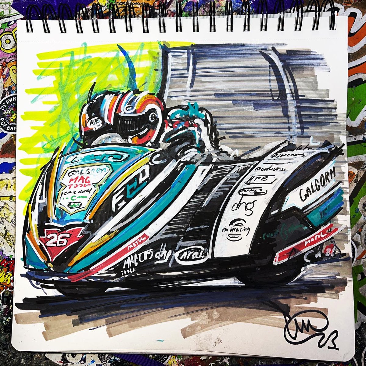 Popbangcolour's tweet photo. Super cool to have @MariaCostello pop by and sign the #ContinuousCar mobile studio today @motorcyclelive
I also created the @FHO_Racing sidecar that Maria raced @ttracesofficial as a #ContinuousCycle drawing 🏍️✍🏻
Based on an Impact Images 📸 supplied by Maria
#motorcyclelive https://t.co/PKCtVoirZO