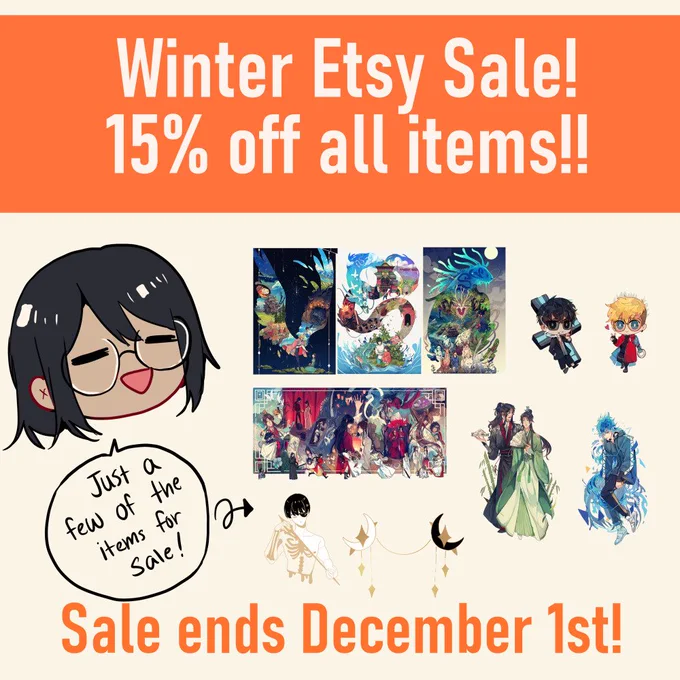 Etsy sale!!
We are closing the shop for a month starting  December 2nd ^^

https://t.co/c1yVayr9xT 