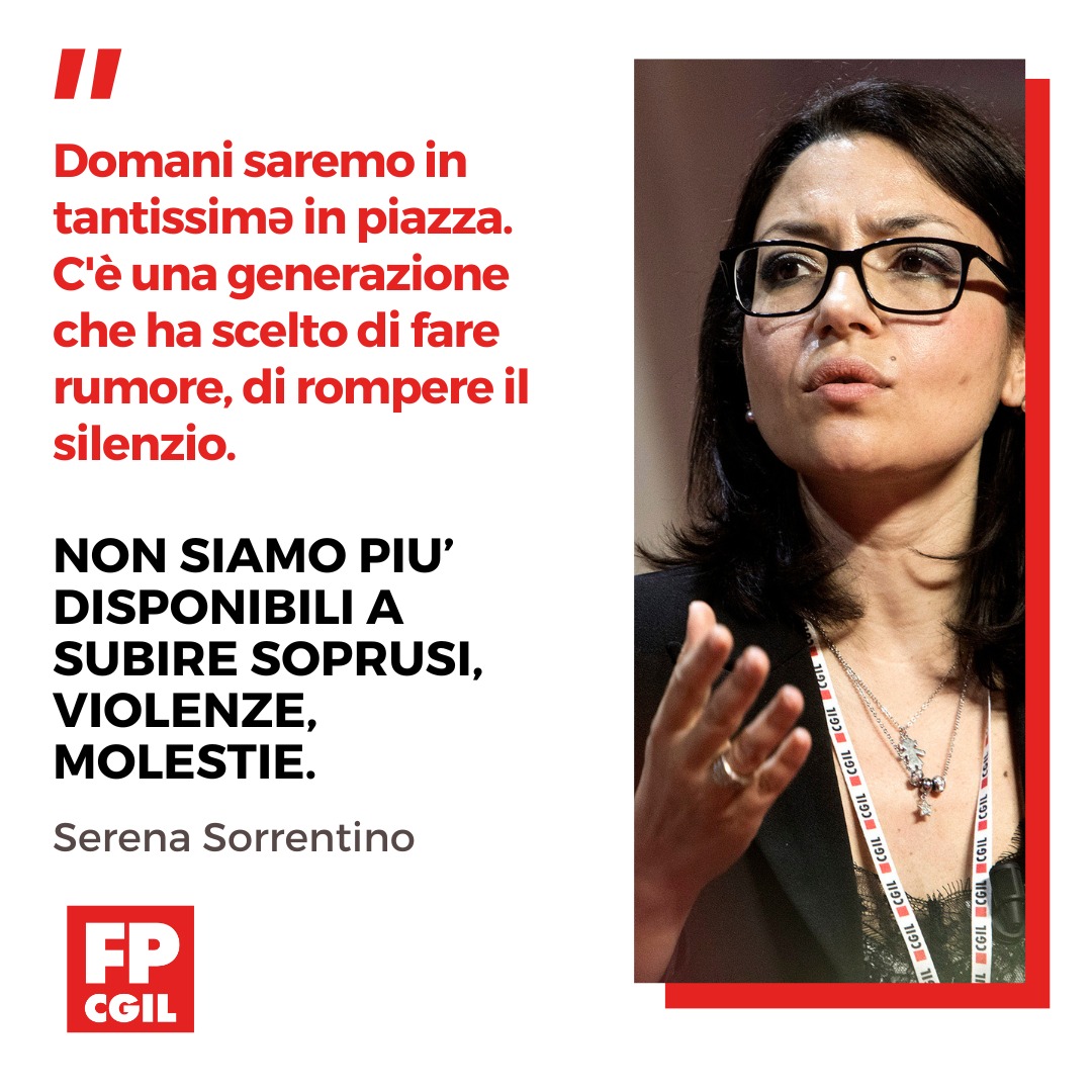 'Domani saremo in tantissimə in piazza. C'è una generazione che ha scelto di fare rumore, di rompere il silenzio. Non siamo più disponibili a subire soprusi, violenze, molestie'. Leggi un estratto dell'intervento di @sorrentinoser fpcgil.it/2023/11/24/ser… #25novembre #Basta