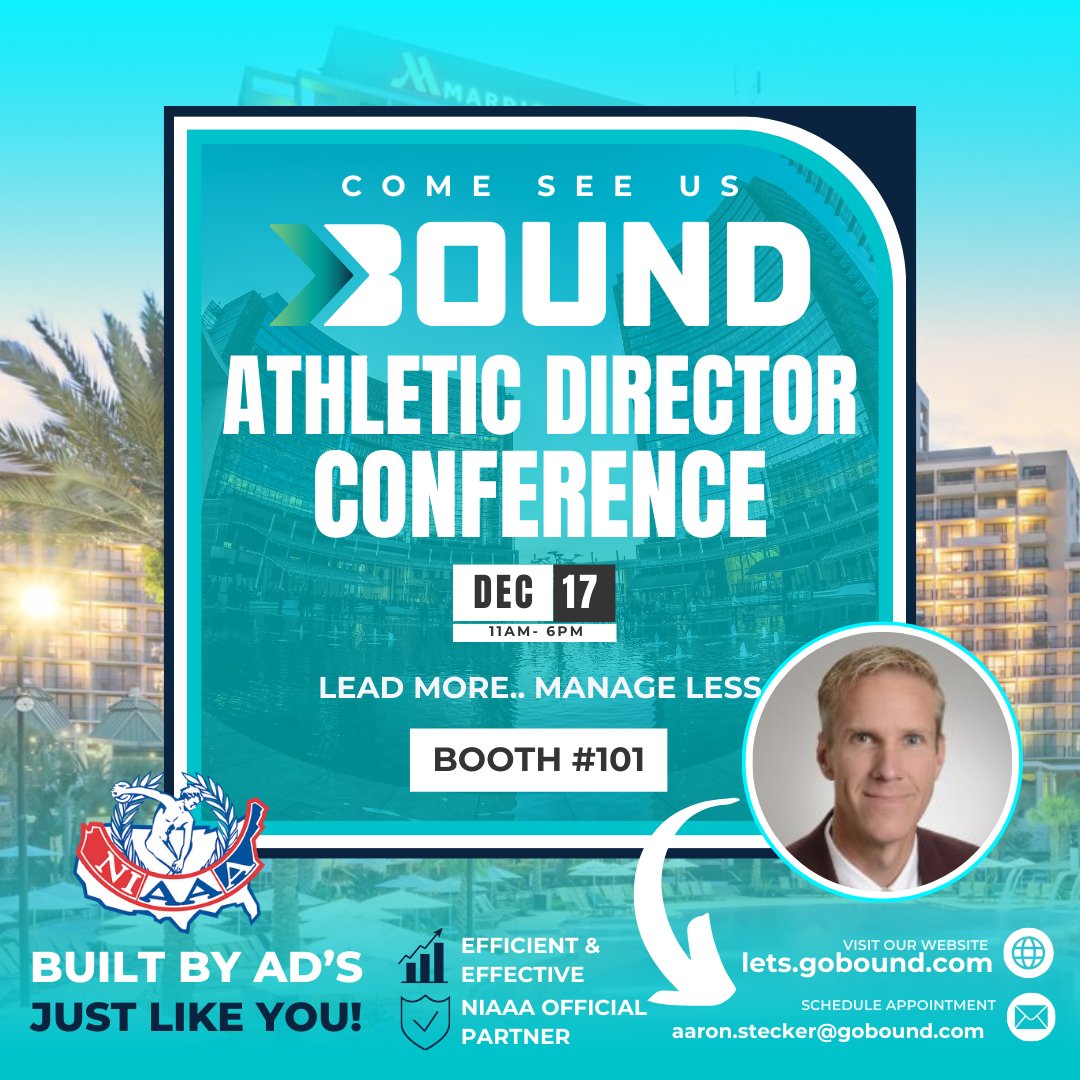PocketAD_'s tweet image. Join us at the National Athletic Director Conference
@NIAAA9100 @NFHS_Org in Orlando, FL on Dec 17, 11am-6pm at Booth 101. Discover how Bound can be a game-changer for your role as an AD saving you time, So you can Lead More &amp;amp; Manage Less. See you there! #ADConference