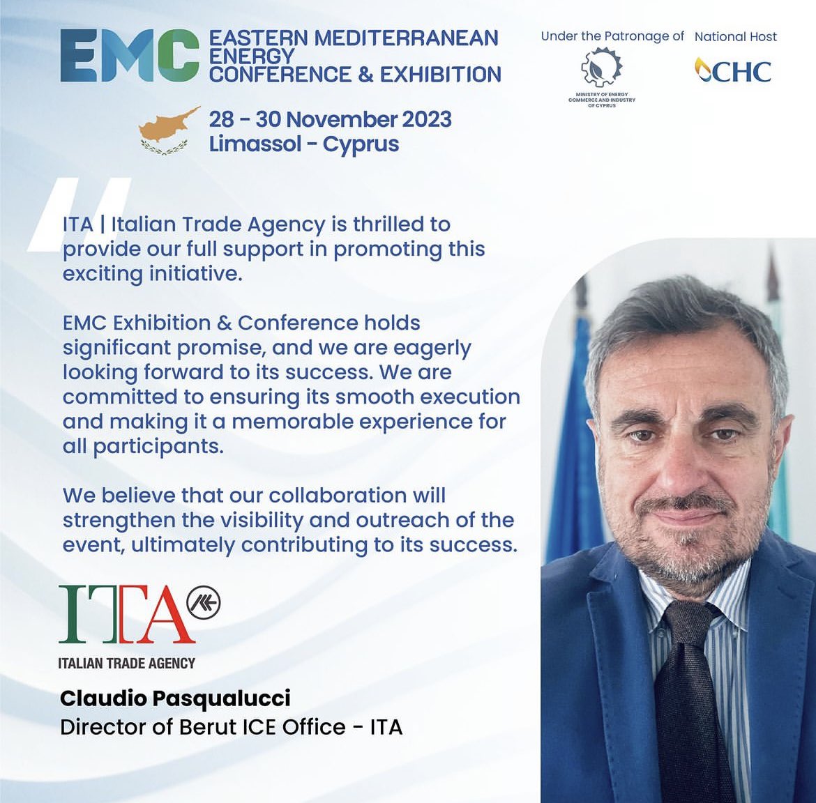 ITABeirut's tweet photo. EMC 2023 - Eastern Mediterranean Energy Conference & Exhibition
🗓️ 28-30 November 2023
📍City of Dreams - Limassol, Cyprus
@ITAtradeagency @EMCcyprus @Fed_Anima #aniefederazione #federtec #itabeirut https://t.co/JpdrBBZSrQ