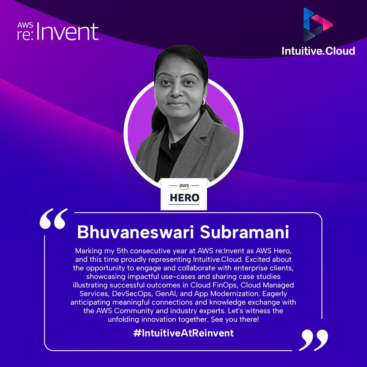 Intuitiveai_'s tweet image. Bhuvaneswari Subramani, our seasoned #AWSHero, is all set to make her mark at #AWS re:Invent for the 5th consecutive year! Proudly representing #Intuitive, she is gearing up for insightful conversations.

To pre-book a meeting, write to us at events@intuitive.cloud