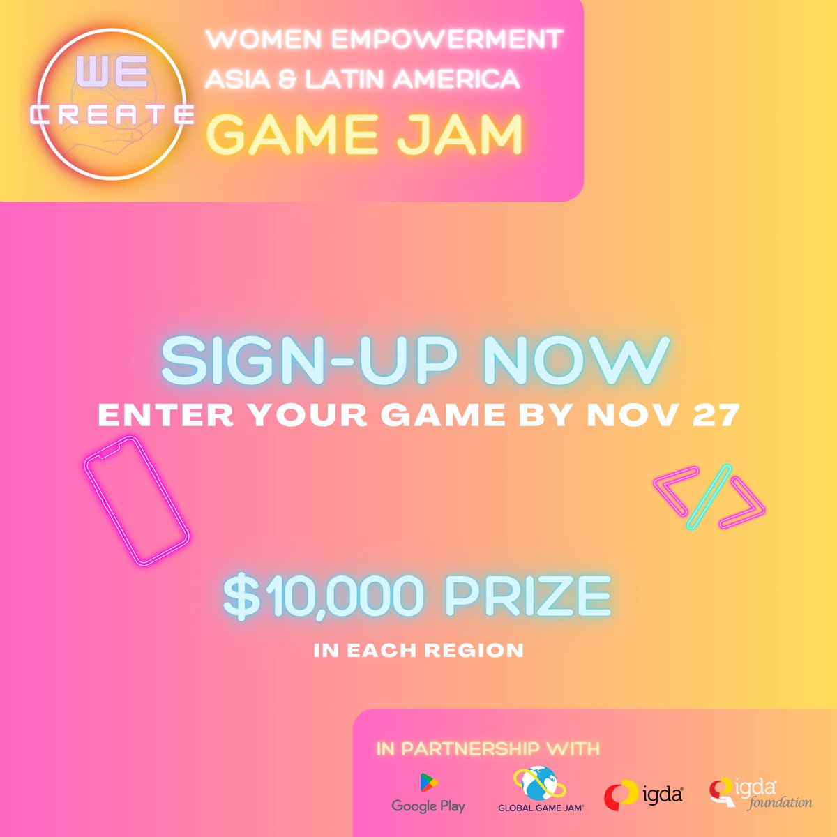 IGDAFoundation's tweet photo. Just a few days left in the WE CREATE Game Jam but it is not too late to join! 📱
Teams have until Nov 27  @ 11:59PM to enter in their games with the theme of "Bonds &amp; Bridges" 

#gamejam #devsinasia #devsinlatam #devsofcolor https://t.co/bx3tAoo7eg