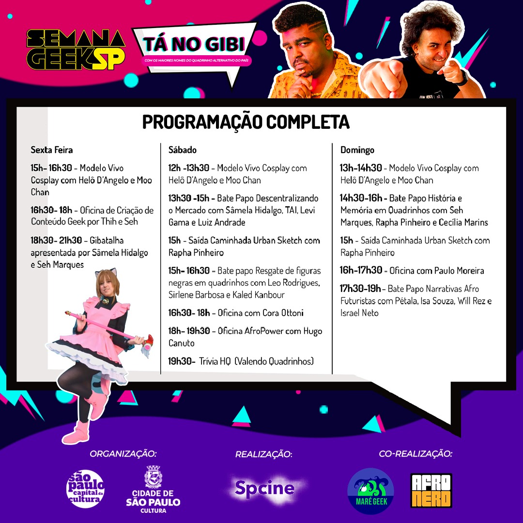 mare_geek's tweet photo. O Tá No Gibi já está rolando na Galeria Olido! 🐉
Hoje temos Modelo Vivo Cosplay com @helodangeloarte e @Kidzastr, depois Oficina de Criação de Conteúdo Geek com @Seh_liquido e @AfroNerdOficial e de noite uma GIBATALHA ÉPICA! Vem, vem, vem! 😍
Ó a programação completa atualizada: https://t.co/4yRCNmzJzF