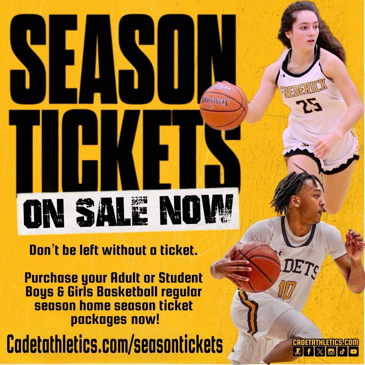 CadetAthletics's tweet photo. Secure your seat at ALL Boys &amp; Girls Basketball regular season home games with just a few clicks.

Basketball Season Ticket Packages are now on sale at https://t.co/w0JA8Dn2q6

⚔️ | #BigFred | ⬛️🟨 | #ProtectTheParkway https://t.co/AKyXAdsdZJ