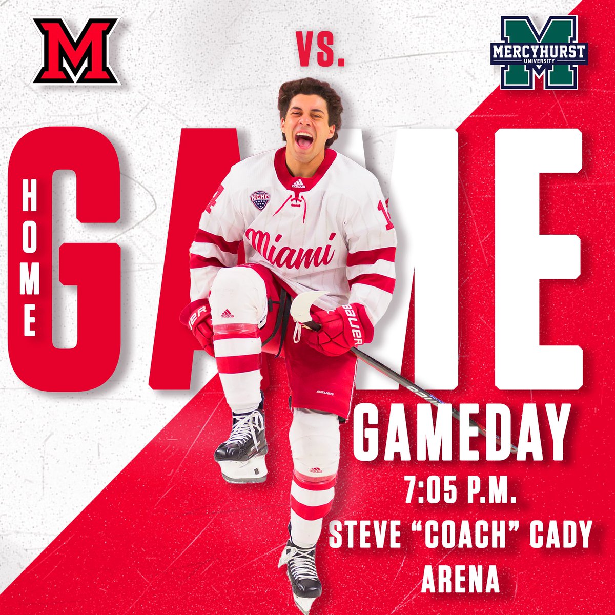 Gameday in Oxford
🆚 : Mercyhurst University   
🕗 : 7:05 p.m.
📍 : Steve "Coach" Cady Arena 
📺 : bit.ly/3uvsqtG 
🎧 : bit.ly/47EPJje 
📈 : bit.ly/3sqH5pi 
Student 🎟 : bit.ly/MUvMUST 
Single game 🎟 : bit.ly/MUvMUFRI 
#RiseUpRedHawks