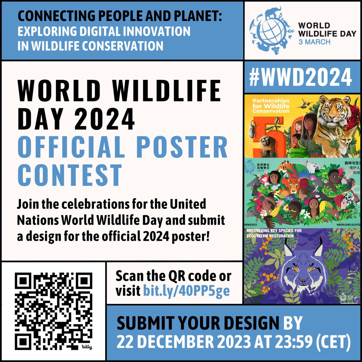 #WWD2024 is 100 days away! 🦁🌴 Are you a graphic designer interested in creating the official poster? Submit your design by 22 Dec. 2023 here 🧑‍🎨 bit.ly/40PP5ge This year’s theme is “Connecting People and Planet: Exploring Digital Innovation in Wildlife Conservation”