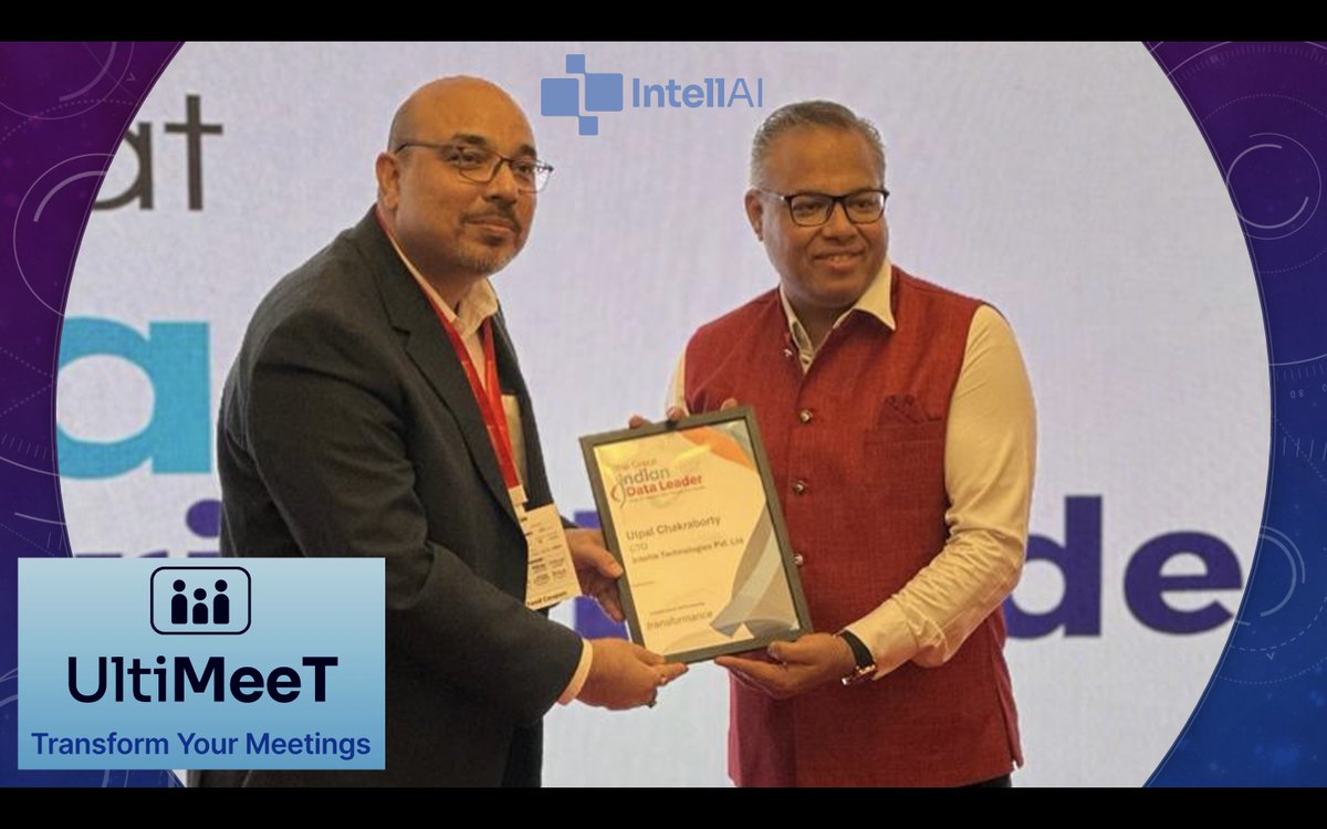 utpal_bob's tweet photo. " Double Celebration Today !! "

Today marks a remarkable day for both #IntellAI and myself. I am thrilled to share not just one, but two pieces of fantastic news from the Chief Data & Analytics Officer Conclave & Award!

- First, our groundbreaking #GenerativeAI product, #UltiMeeT, was presented and received a prestigious award at the conclave. It's a testament to our team's hard work, innovation, and dedication to pushing the boundaries of AI technology.

- Secondly, in a delightful twist, I had the honour of being recognised as the "Great Indian AI Leader" at the same event. It's a privilege to be acknowledged among such esteemed peers and industry leaders.

A heartfelt thank you to the award jury for recognising both UltiMeeT and my contributions to the AI field. These awards are not just accolades but a reflection of our collective vision and effort at IntellAI.

Let's continue to innovate and lead the way in AI!

#ai #generativeai #genai #AIInnovation #IntellAI #UltiMeeT #GreatAILeader #CDACOConclave