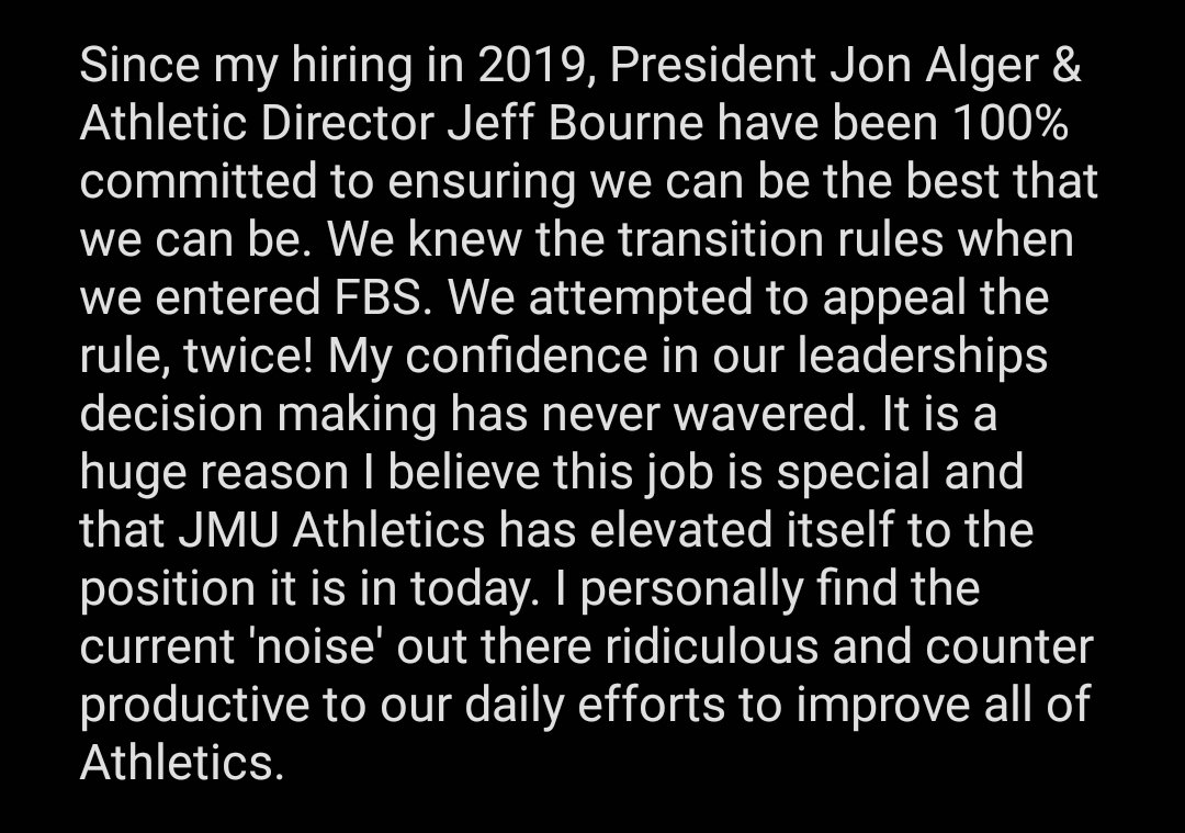 Shane_DNRSports's tweet photo. JMU released the following statement from football coach Curt Cignetti via a spokesperson. https://t.co/byTK33kCOt