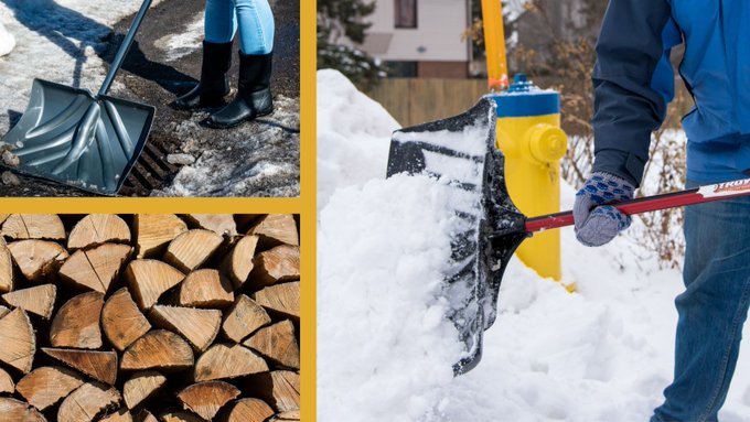 A collage featuring photos of stacked firewood, a man clearing snow away from a yellow fire hydrant, and a close up of a catch basin being cleared with a shovel by someone wearing rubber boots.