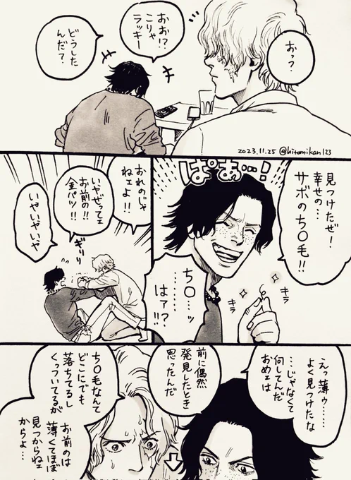 ※一緒に暮らしてる盃兄弟とエーサボの予定で描いていたもの。
※エロくはないがチ◯毛って言いすぎなのでセンシティブ。
※「おれのじゃない」と言ってる時点で皆ズレている男の子たち。 