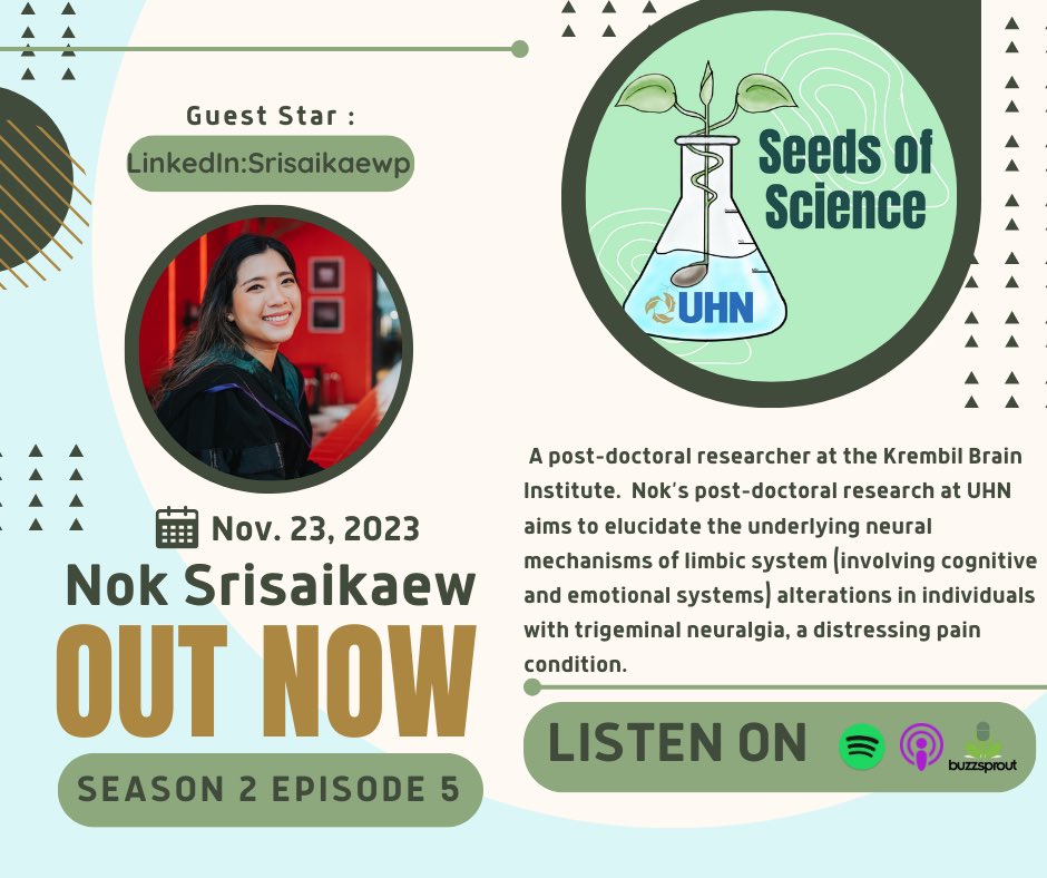 📣 EPISODE 5 IS LIVE! Dive into a fascinating chat with @SrisaikaewP, led by @EP_Mills. Explore Nok’s passion for understanding limbic system alterations in pain and uncover the determination that fuels her journey in changing research landscapes. 💫 uhntrainees.ca/trainee/seeds-…