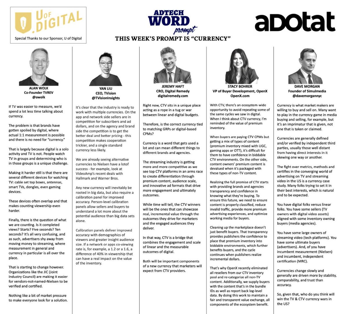 UofDigital's tweet photo. ICYMI, here is this week’s Adotat & @UofDigital #AdTech word prompt with deft illuminations from another 5 of the industry’s finest.
This week’s vets are:
Alan Wolk
Yan Liu
Jeremy Haft
Stacy Bohrer
Dave Morgan
#KnowledgeIsRevenue💡
CLICK THE 🔗 FOR THE FULL PDF: https://t.co/hdfbRHV765