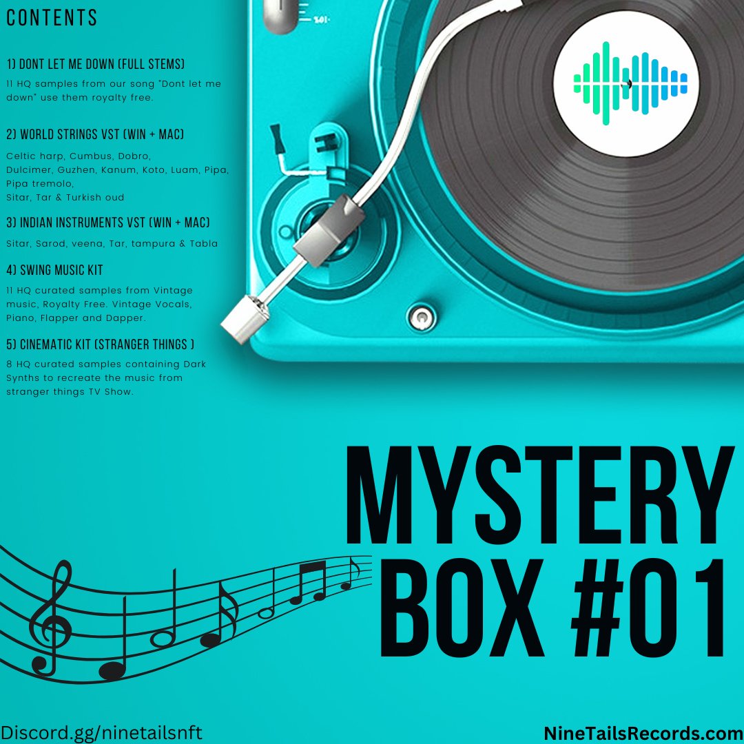 NineTailsRec's tweet photo. Have you downloaded our Mystery boxes yet? They are available on our Discord for all our holders. Enhance your music production with all the cool stuff we are including. 🎼

With Season 2 of @NineTailsNFT right around the corner, we are excited to release not one, not two, but three mystery boxes on the opening day of Season 2. 🎵