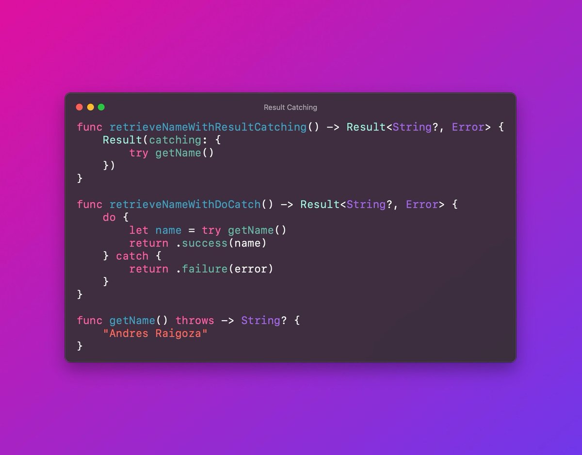 andresr_develop's tweet image. If you need to call a throwing function and return its Result in #Swift, you can do it by using a do/catch block, or even better, you can save a few lines of code by using Result(catching:) which evaluates the throwing function by itself 🙂

#iOSDev
