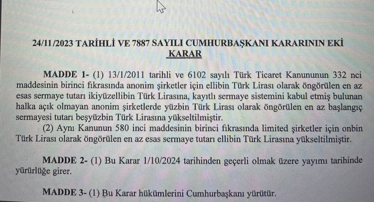 bhr_smsk's tweet photo. Resmi Gazete’de yayınlanan Cumhurbaşkanı Kararı ile anonim ve limited şirketlerde asgari esas sermaye miktarı yükseltildi. https://t.co/SWUcVM8vMm