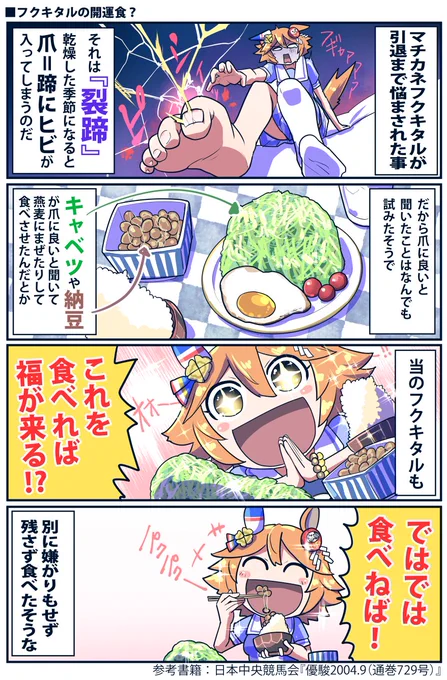 マチカネフクキタルの食べてたもの(再掲) キャベツは疝痛原因になるので馬には駄目と聞きますね 時代の問題か、量の問題か? #ウマ娘