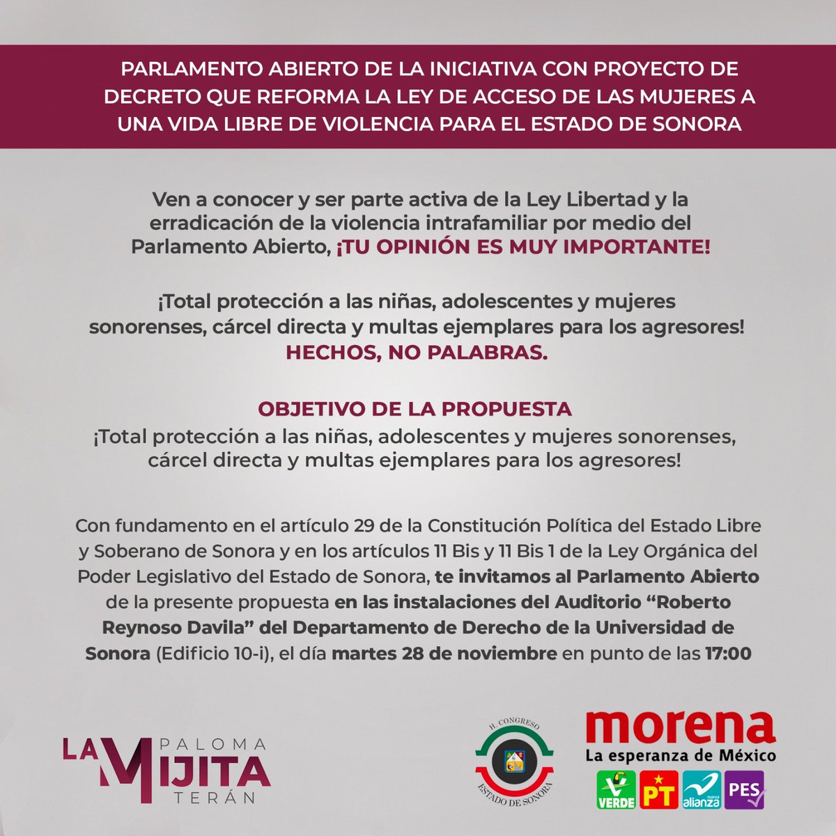 palomateranv's tweet photo. Los invito este martes 28 de noviembre a las 17:00 hrs. en el Auditorio “Roberto Reynoso Davila” de la UNISON al Parlamento Abierto para erradicar la violencia familiar. ¡Cárcel directa y multas ejemplares para los agresores! Tu opinión es vital para que esto sea una realidad. https://t.co/mSEDqXclaY