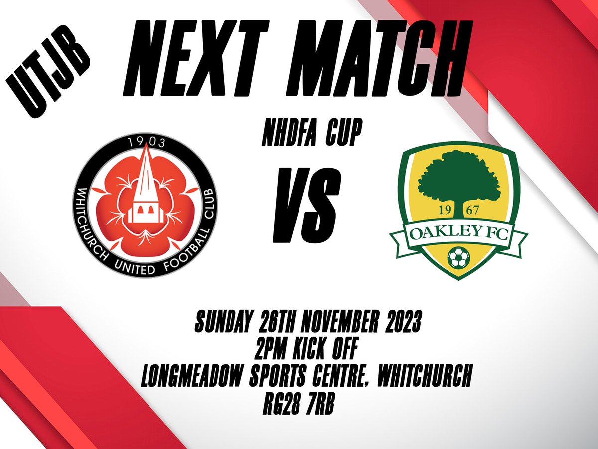 WUFC18s's tweet photo. Up Next🔜

We face Oakley FC in a 2pm Kick Off at home where a place in the semi-finals of the North Hants District Cup will be up for grabs.

Come and watch the boys hopefully  make amends for last weeks disappointing result. https://t.co/mnXYLQEoli