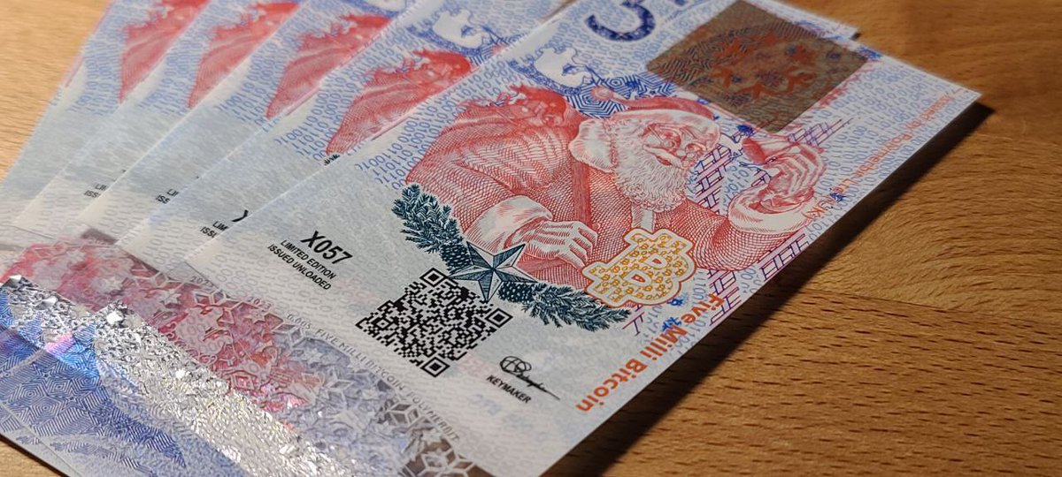 Fresh off the printing presses comes the latest offering from <a href="/polymerbit/">Polymerbit Ltd.</a>, The 2023 Christmas Note!

A denominated (5 mBTC) Christmas themed note. Price? Just $90 for Black Friday!

Get yours today: coinsofnakamoto.com/notes/polymerb…

#bitcoin #btc #crypto #cryptocurrency #polymerbit