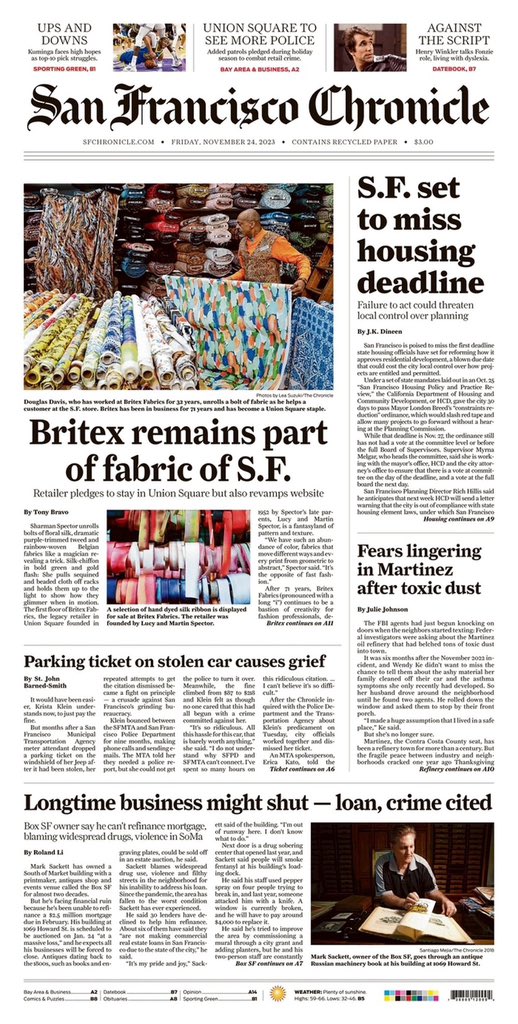 My story on 71yo @Britex_Fabrics was on today’s @sfchronicle A1. I started at the paper as a Style reporter and have always enjoyed writing about new and legacy stores. Reminder: if you want a business to stay in the city shop there. sfchronicle.com/entertainment/…