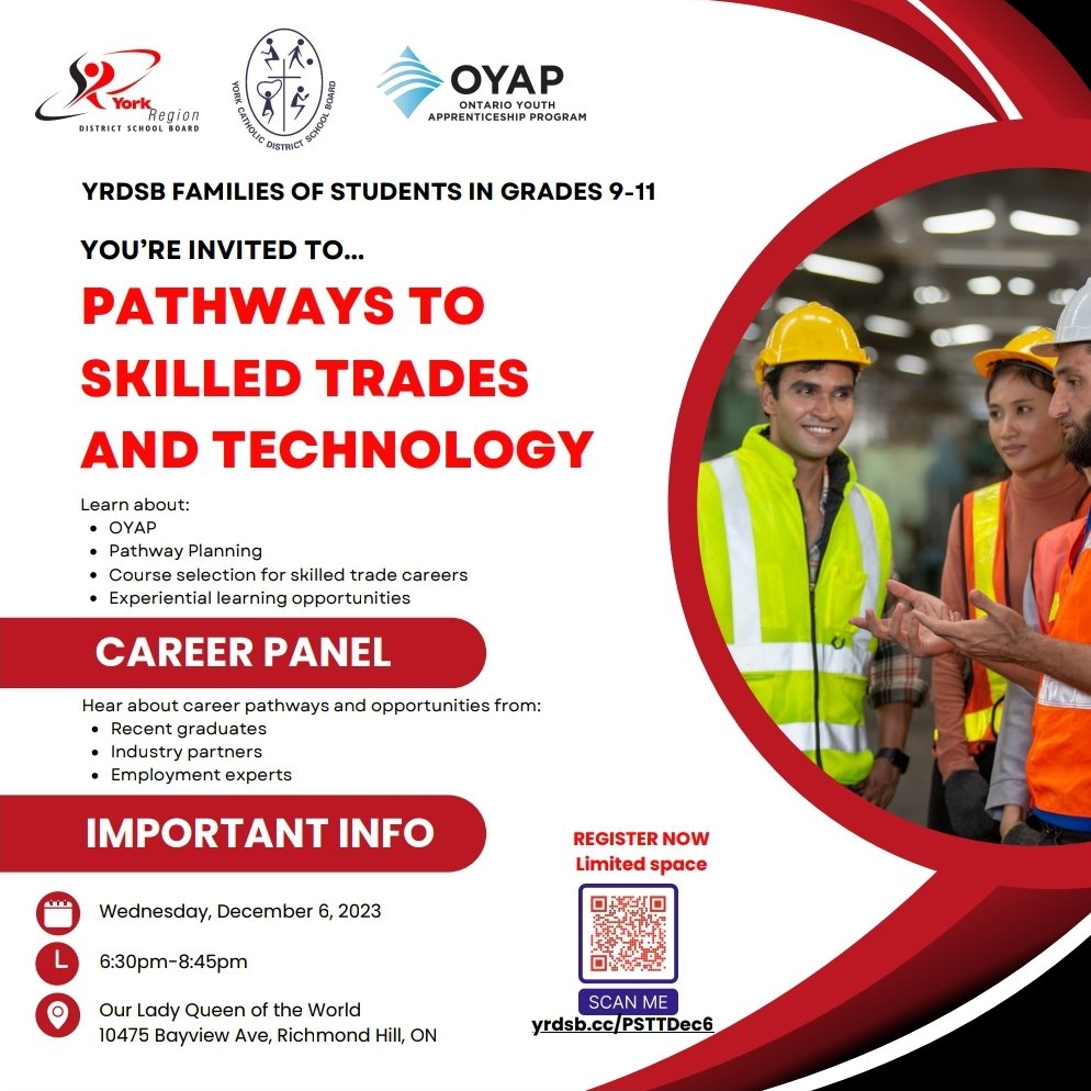 Families of students in Grades 9-11 at @YRDSB are invited to attend a Skilled Trades and Technology Career Planning Information Night. Families and students will learn about Ontario’s 140+ skilled trades through presentations, a career panel and information booths!