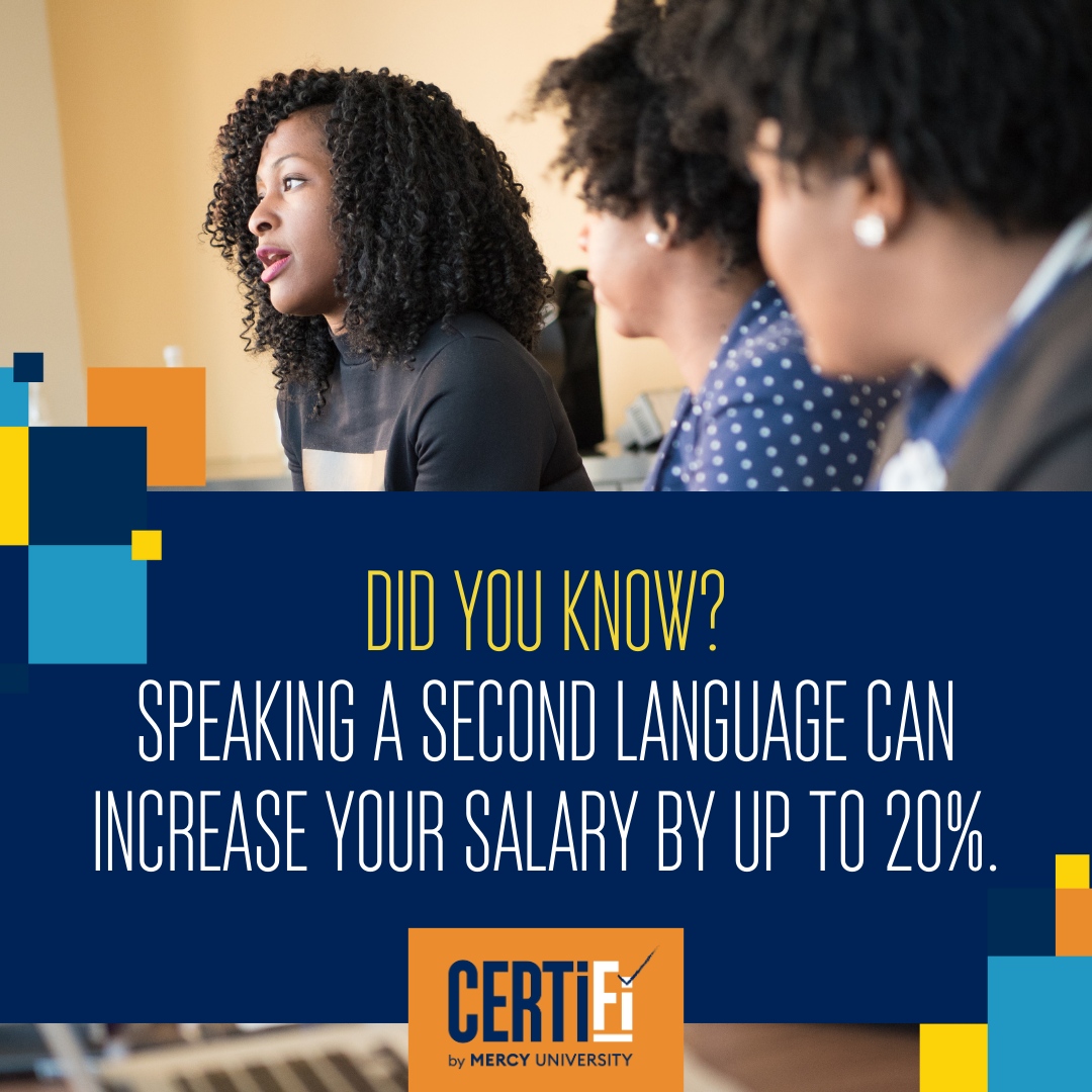 CertifibyMercy's tweet photo. Did you know that being bilingual can give you a serious advantage in the job market—and potentially increase your salary by up to 20%? 

Visit https://t.co/CFxzIIE0cA to learn more. 

#CERTIFi #mercyuniversity #onlinecourses #careers https://t.co/ozBUZW2zmW