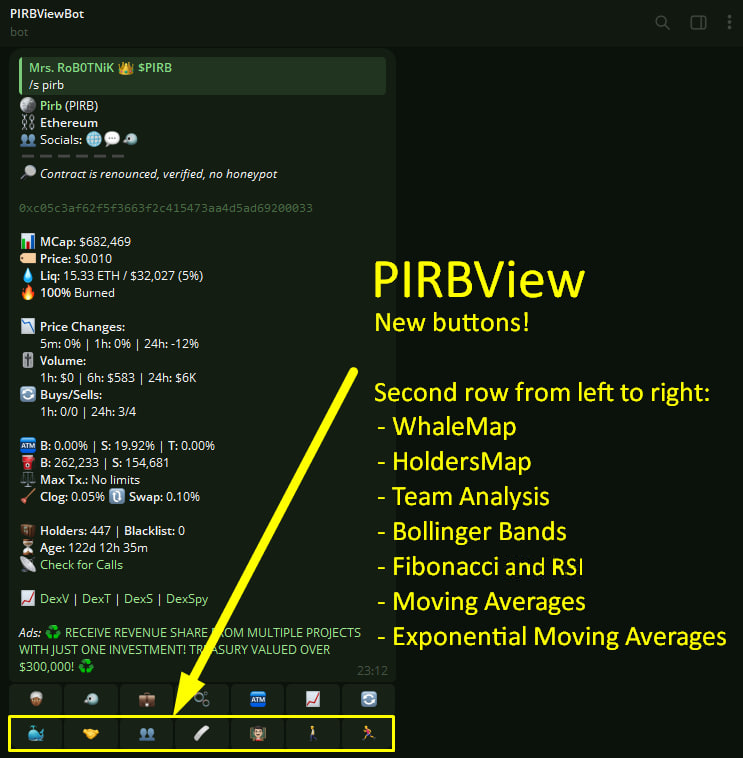 🆕 PIRBView &amp; PIRBView #Pro update is LIVE NOW!

- Added new buttons for both bots below full scans (explanation can be seen in the screenshots)

- Added new warnings to the line of contract function checks:
—— 🚨 LOW MAX TX 🚨 if the max transaction is below 50 USD
—— 🚨 LOW LIQ