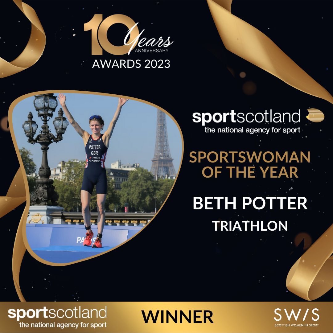 ⭐ SPORTSWOMAN OF THE YEAR: BETH POTTER ⭐ Having switched sports from athletics just 6 years ago, @beth_potter rounded off the year by becoming the first Scottish triathlete to win the World Triathlon Championship Series. #SWISAwards2023 @sportscotland @scottishtri @brittri