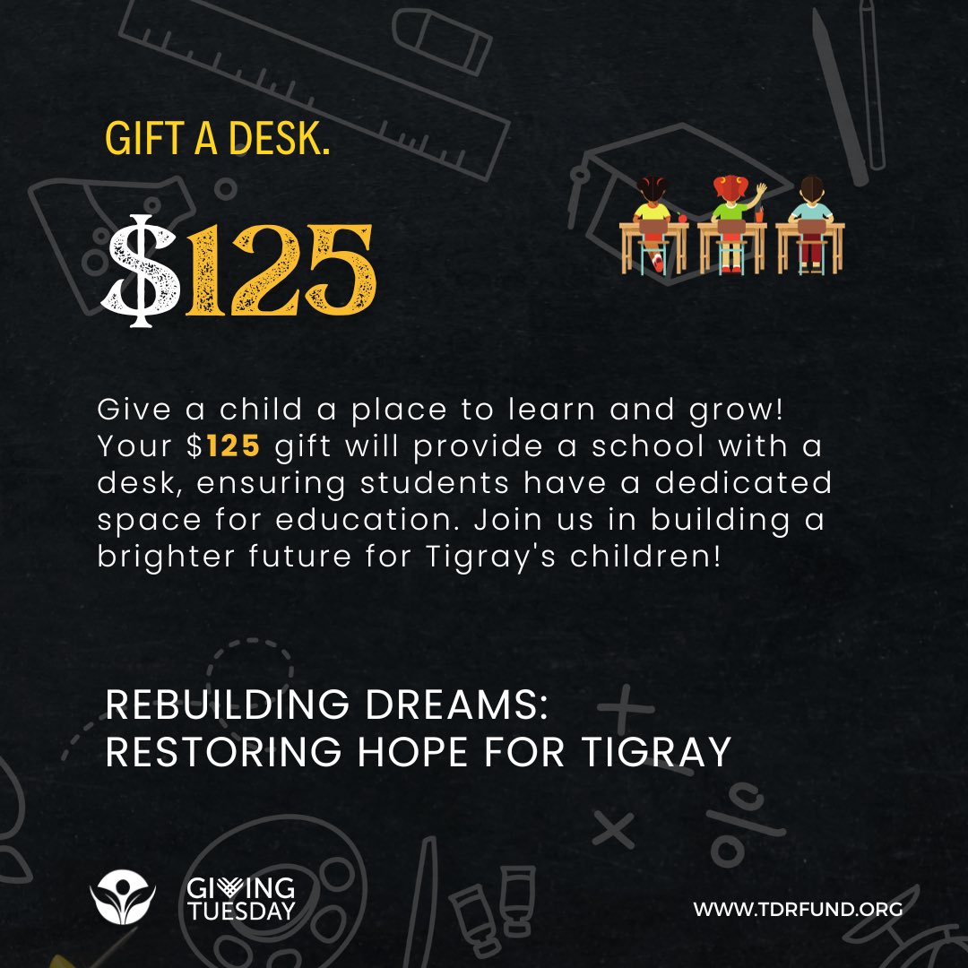 This <a href="/GivingTuesday/">#GivingTuesday</a> , join us in rebuilding dreams and restoring hope for  #Tigray by rebuilding education. Donate now to help us reach our goal of $50,000 and make a lasting impact on the lives of children in Tigray.

donorbox.org/rebuildingtigr…

#GivingTuesday #RebuildingDreams