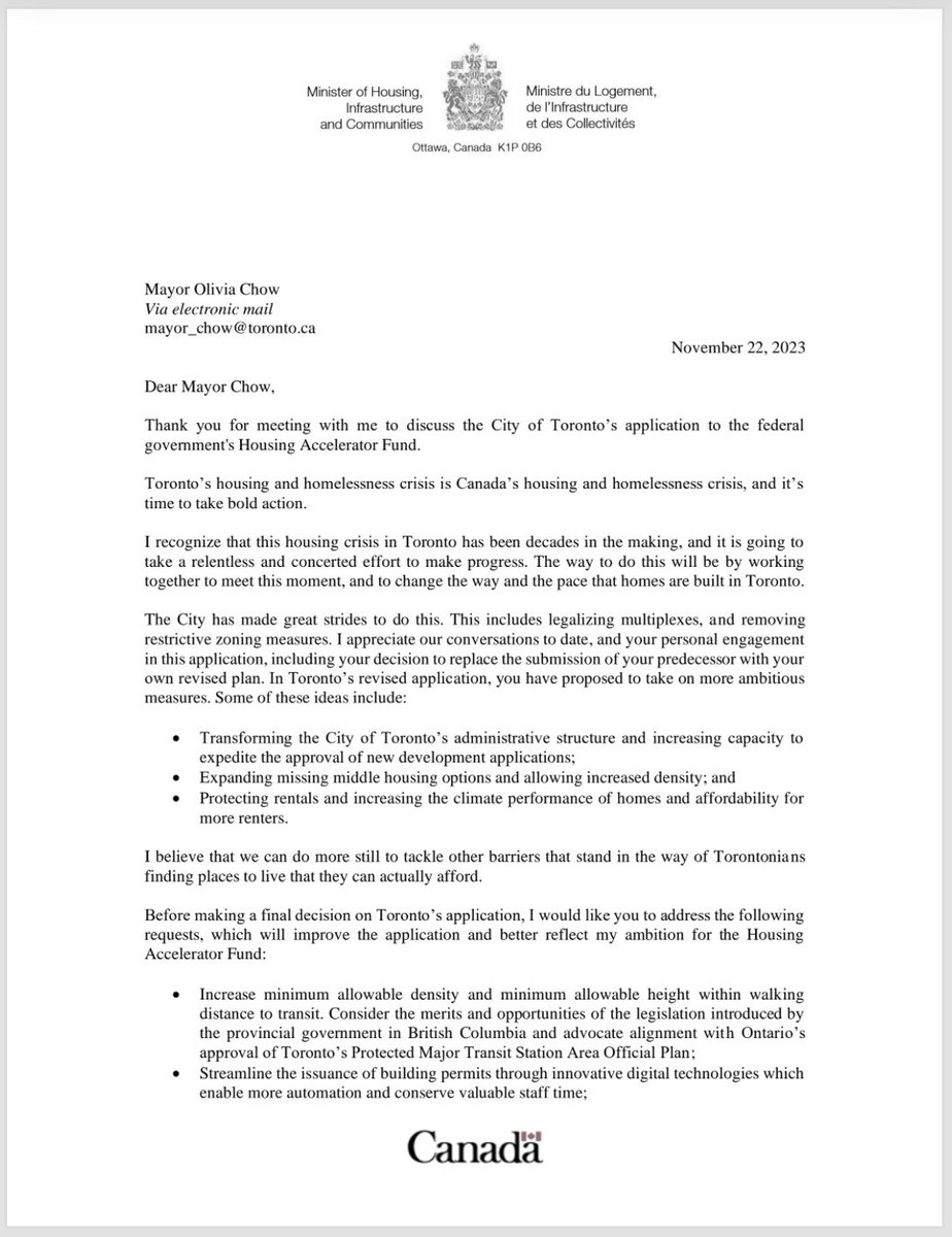 saadbaig3's tweet photo. Letter from @SeanFraserMP to @MayorOliviaChow with list of requests in order to approve federal 💰:

- Increase min density near transit 
- Increase land with 4 storey as-of-right 
- Reduce angular plane requirements
- More multi-tenant near uni/colleges
+ more

Source: CBC https://t.co/uTBGJwcbmC
