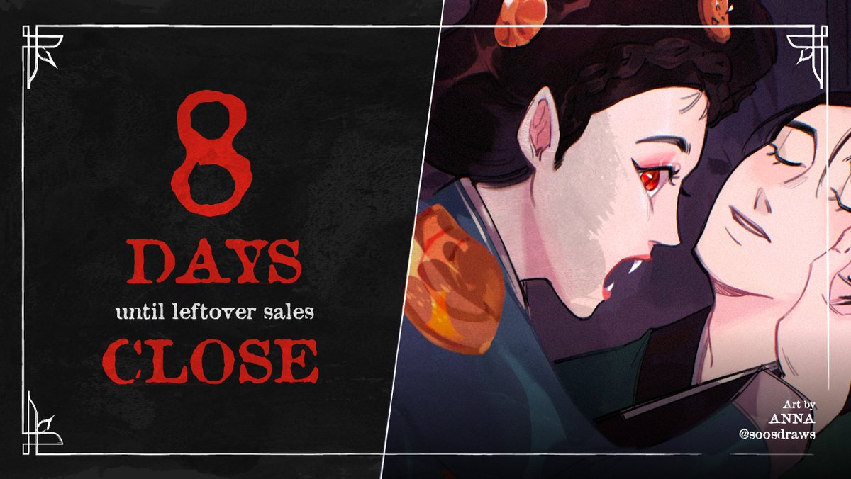 DON'T LET YOUR PREY SLIP AWAY... 8 DAYS BEFORE SHOP CLOSES FOREVER! ⌛

Carpe Noctem: Vampires Through the Ages is an original anthology featuring illustrations, comics, stories, & poetry of vampires across cultures & time.

🌘 vampirezine.bigcartel.com 🦇
Previewed art: @soosdraws