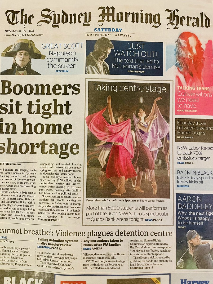 SchoolsSpec's tweet photo. 🌟Taking centre stage on the front page of the @smh this morning!
🔗Come and join us for the last two performances at Qudos Bank Arena today https://t.co/hKyZWkjQ8H
#SchoolsSpectacular #Spec23 #FabuloUS #CentreStage #SydneyMorningHerald https://t.co/yz1KWt05gn