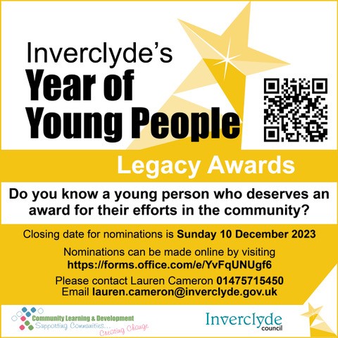 Inverclyde Community Learning & Development will be hosting an awards ceremony for young people across Inverclyde. If you know a young person deserving of an award for their efforts in the community, now is your opportunity to nominate them! forms.office.com/pages/response…