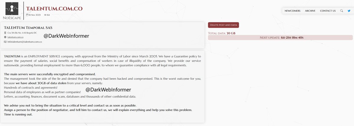DarkWebInformer's tweet image. Threat Actor: NoEscape
Ransomware Victim: Talentum
Date: 2023-11-24
Note: Allegedly, #NoEscape has named #Talentum as a victim. #Ransomware #StopRansomware #DarkWeb #DarkWebInformer #Leaks #Leaked #Cyberattack