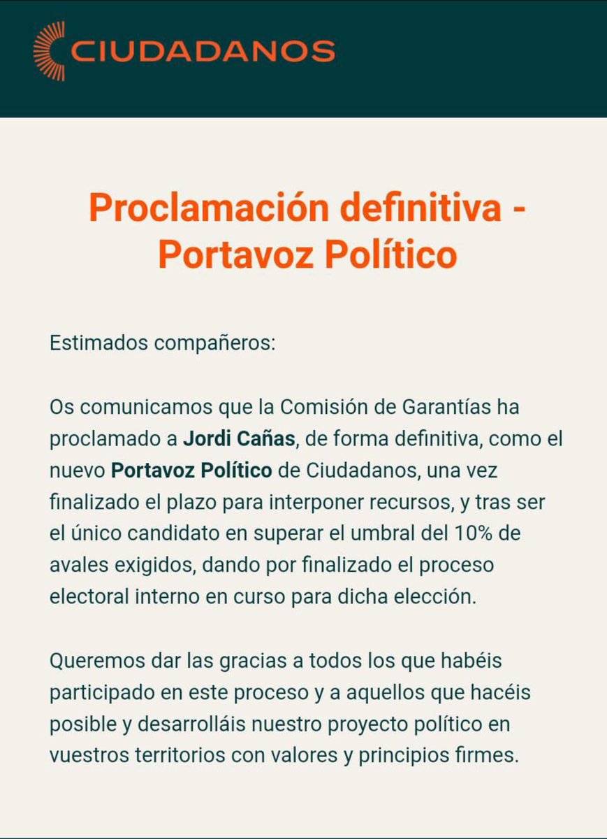 Jordi Cañas (@jordi_canyas) on Twitter photo Bueno, pues ya es oficial. Muchas gracias a los compañeros que me dieron su aval y al resto de candidatos que se postularon, espero hacerlo tan bien como lo habrían hecho ellos.
11 años después vuelvo a ser portavoz político de mi partido, de <a href="/CiudadanosCs/">Ciudadanos 🇪🇸🇪🇺</a> . No hay mayor honor. Bueno, pues ya es oficial. Muchas gracias a los compañeros que me dieron su aval y al resto de candidatos que se postularon, espero hacerlo tan bien como lo habrían hecho ellos.
11 años después vuelvo a ser portavoz político de mi partido, de <a href="/CiudadanosCs/">Ciudadanos 🇪🇸🇪🇺</a> . No hay mayor honor.