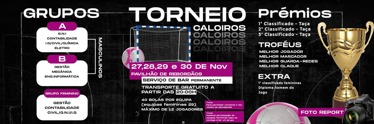 A partir do próximo dia 27 realizar-se-à o torneio masculino e feminino de caloiros 2023 da ESTiG! 

Estará disponível o transporte de forma gratuita diariamente a partir das 20h, juntamente com serviço de bar permanente!