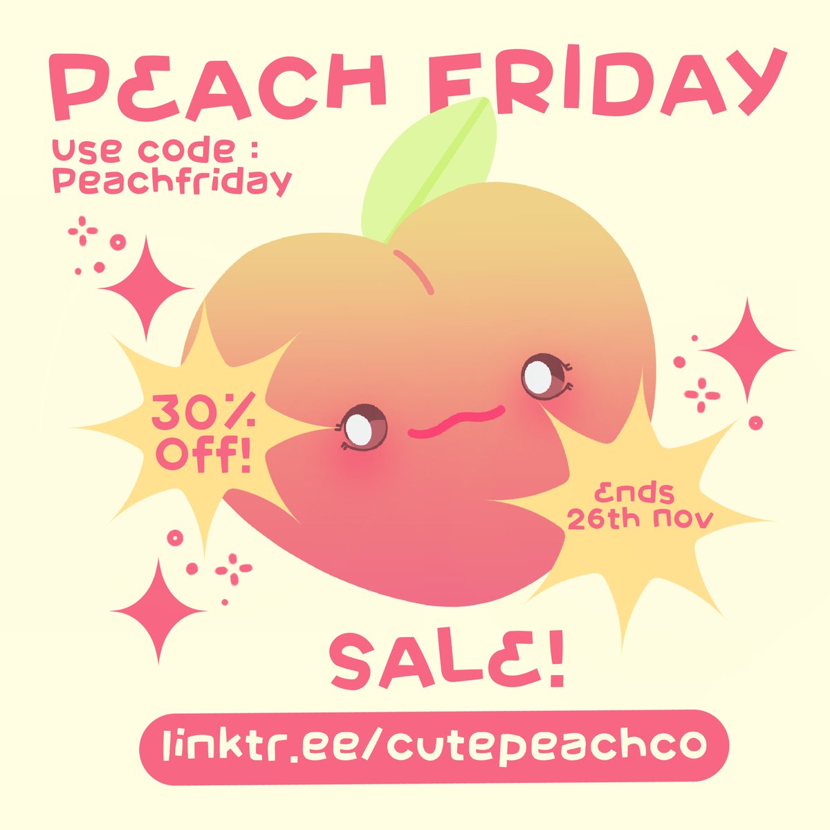 30% off all items storewide! 💗
(use code : PEACHFRIDAY) + every order comes with a free unreleased sticker design (My Melody Hoshi)! ✨
Ends 26th November!
India : shop-cutepeachco.mini.store
Intl : shopcutepeachco.etsy.com