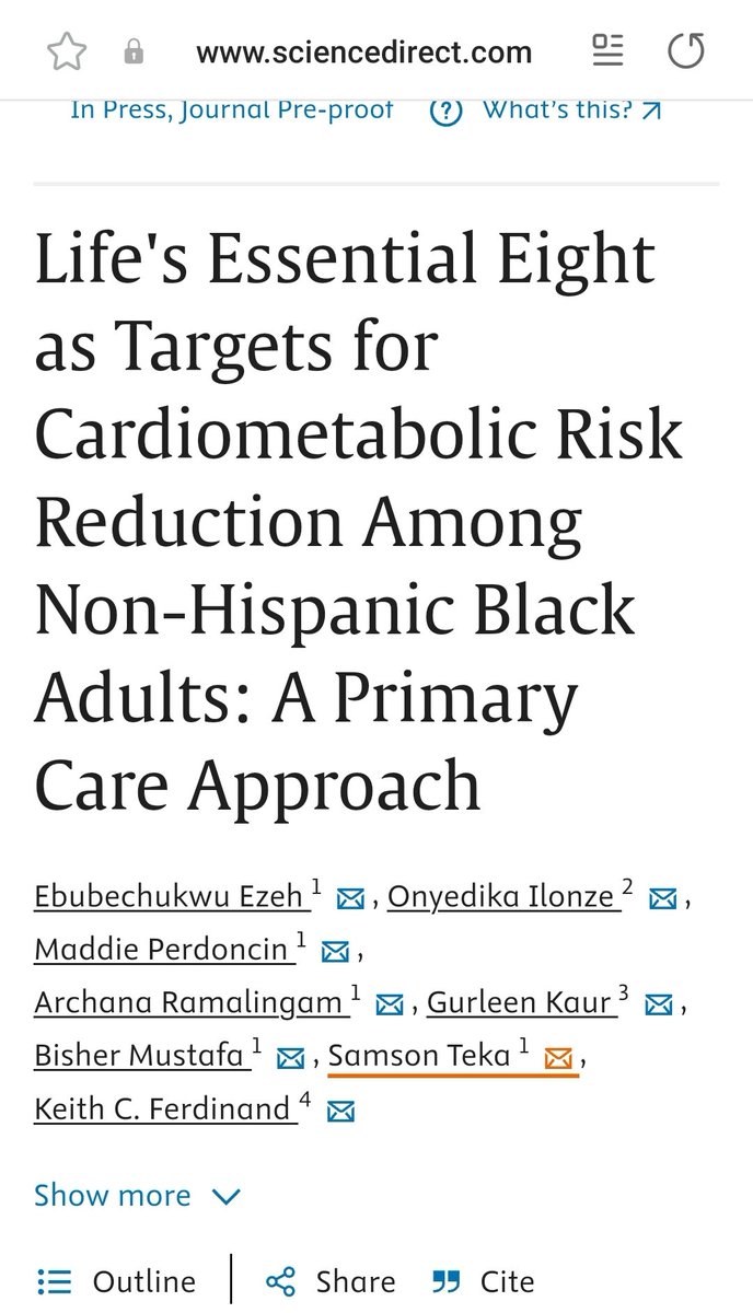 Fresh! A U of Kansas/Marshall U/Indiana U/Brigham/Tulane collaborative effort on using LE8 to reduce cardiometabolic risks in African American adults in primary care setting is live. Thankful to @kcferdmd @Aheartdoc @MustafaBisher @Gurleen_Kaur96 Read 👇 sciencedirect.com/science/articl…