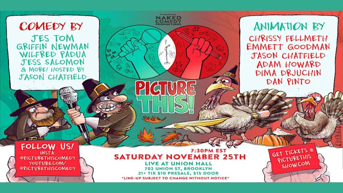 TOMORROW! Picture This! Live Animated Comedy Hosted by @NewYorkCartoons!

Comedians @jestom, @GriffLightning, @wilfredphua, @emanifique & @jess_salomon perform while being drawn LIVE by Emmett Goodman, @danpinto, @ChrissyFellmeth, @at_howard + MORE!

🎟️: tinyurl.com/bdd8f3st