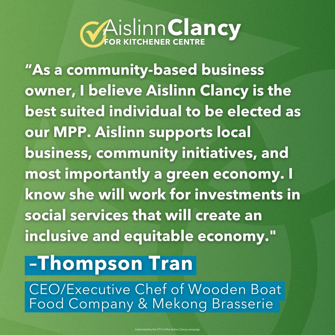 AislinnClancyKC's tweet photo. 🍲 Thompson Tran, CEO/Executive Chef, Wooden Boat Food Company: "Aislinn's support for local businesses and commitment to a green economy aligns with our community's needs. She's the leader we need for an inclusive economy."
#KitchenerCentre #voteclancy https://t.co/lyYmnpspxJ