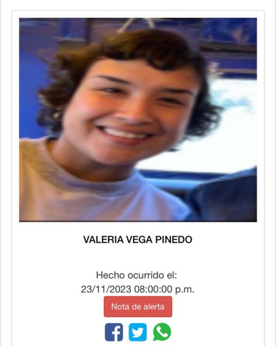 Latina_Noticias's tweet photo. 🚨#LatinaTeBusca | Valeria Vega Pinedo de 24 años salió de su casa durante la noche del 23 de noviembre y desapareció. Ella viste un buzo y un polo plomo.

Cualquier información sobre su paradero, comunicarse al 964008413. https://t.co/bo1cDtCQPA
