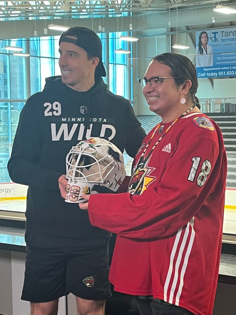 Sportsnet's tweet image. Celebrating Native American Heritage Night in Minnesota and to honour his wife, who is native, Marc-Andre Fleury had a custom mask designed by Cole Redhorse Taylor.

The NHL informed him that he won't be able to wear it tonight in the game or in warmups. 

Via: @RussoHockey